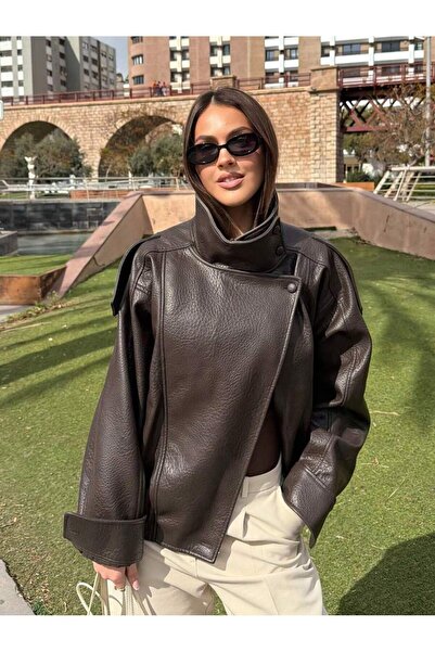 RosePearl Women's Oversize Faux Leather Stand Collar Asymmetrical Zippered Br...