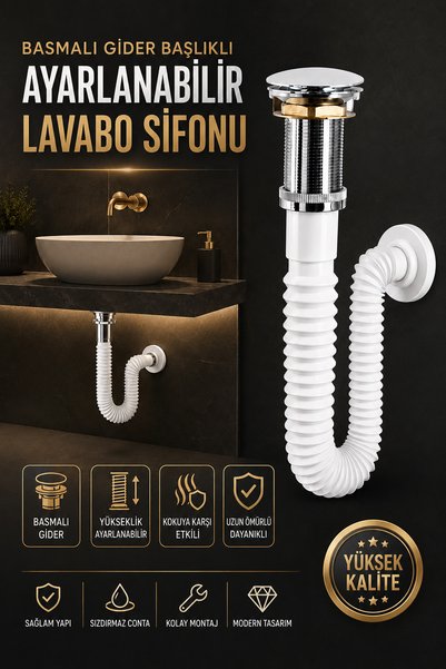 NZB Beyaz Popup Seramik Bas Aç Lavabo Sifonu Gider Hortumu Koku Önleyici Körü...
