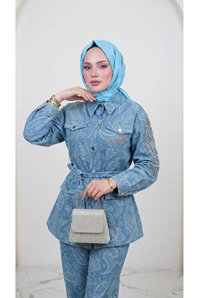 GARDROP GİYİM KOLU TAŞLI KOT CEKET PANTOLON TAKIM