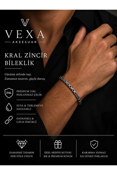 Vexa Aksesuar King Chain Bracelet 316L Stainless Tarnish Resistant Steel Silv...