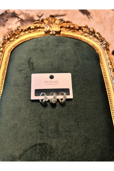 Üçlü Taşlı Gold Küpe
