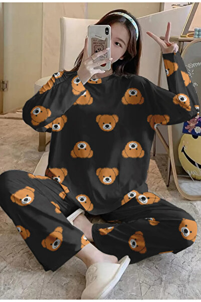 kuzey homewear Brown Teddy Bear Patterned Long Sleeve Pajama Set