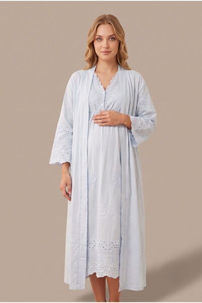 LOHOUSE Women's Blue Linen Scalloped Lace Maternity Nightgown Set with Easy B...