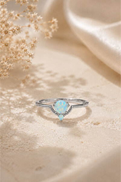 Spossy Silver Jewelry 925 Ayar Gümüş Silver Kaplamalı Yuvarlak Mavi Opal Taşl...