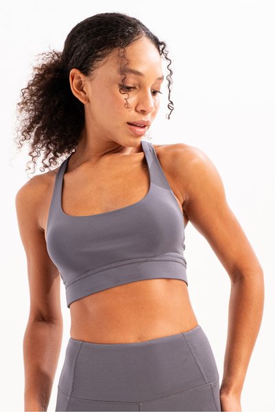 JUSTEVER Lightly Supported, Removable Padded Bra with Back Detail, Smoked Women's Sports Bra - Surge