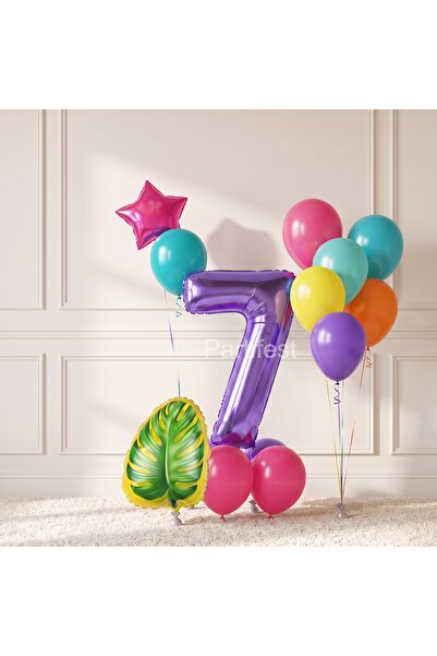 Partifest Purple Number Balloons Tropical Leaf Birthday Balloon Set 7 Years O...