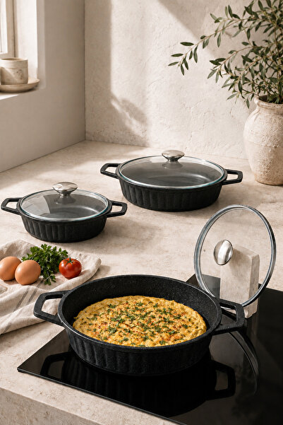 Enza Tita 3-Piece Cast Iron Pan Set with Lid