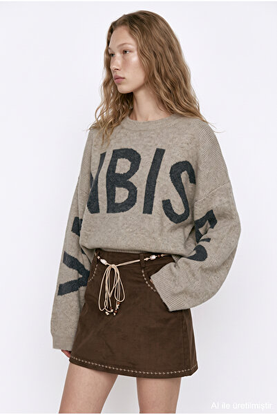Quzu Graphic Patterned Oversize Knitwear Sweater Mink