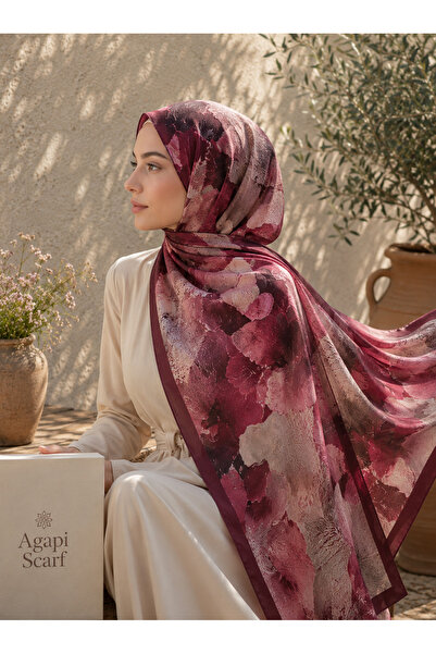 AGAPI Burgundy Floral Patterned Rectangular Shawl – Soft Textured Elegant Sha...