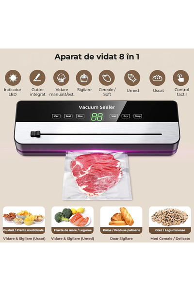 OEM Aparat de vidat și sigilat alimente, 6 funcții, control touch, 120W, 30 pungi