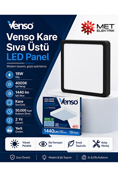 VENSO 18W 4000K Siyah Kare Sıva Üstü LED Panel 1440 Lümen