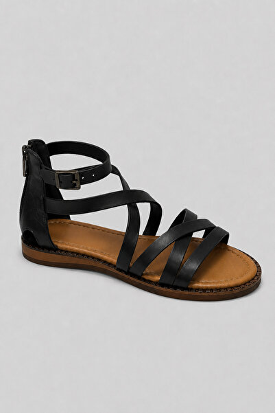 Ülkü Yaman Collection Genuine Leather Black Zippered Women's Sandals - Size 3...