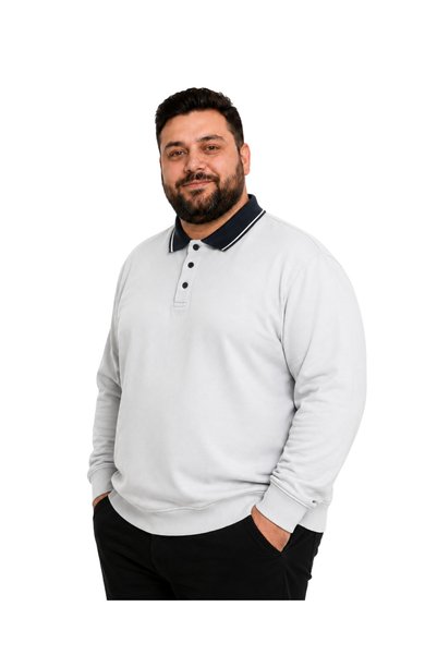 BattalModa Men's Large Size Stone Two-Thread Buttoned Polo Collar Sweatshirt 3Xl-4Xl-5Xl-6Xl