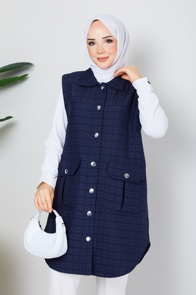 Pamuk Butik Vestă matlasată cu buzunare și model pătrat pentru femei