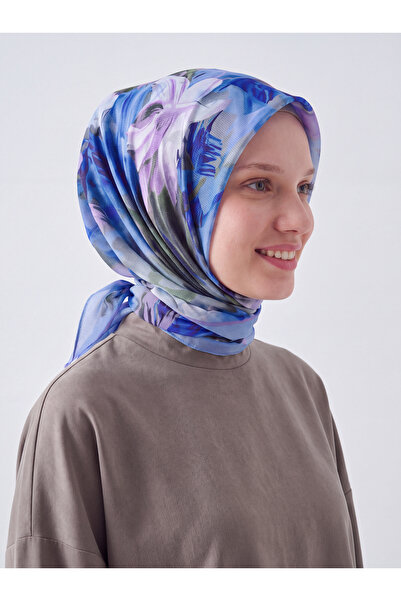Ayshara Nevbahar Floral Point Patterned Double-Sided Scarf - Blue