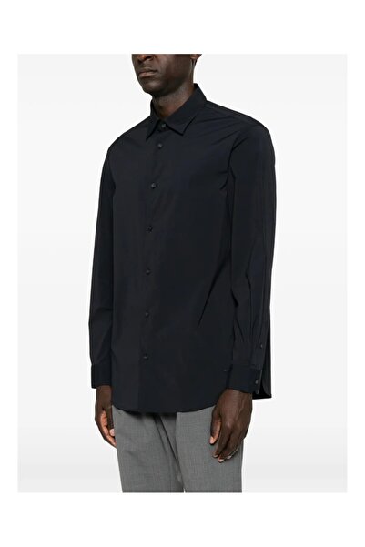 Emporio Armani Men's Regular Fit Stretch Fabric Long Sleeve Navy Blue Shirt