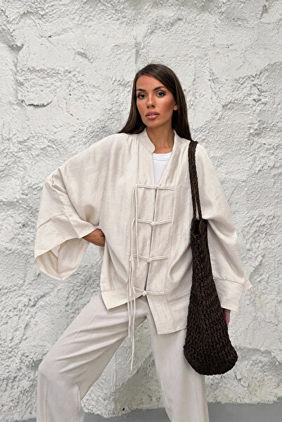 Hatun Atila Women's Hakim Collar Brit Buttoned Fringe Detailed Wide Sleeve Ja...