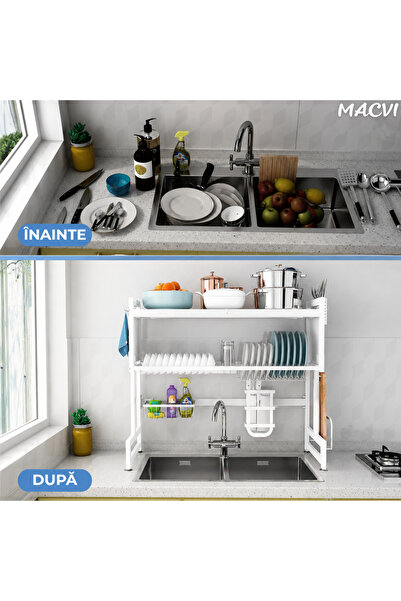 MACVI 105 cm White Over-Sink Dish Rack, 2-Tier Metal Kitchen Organizer