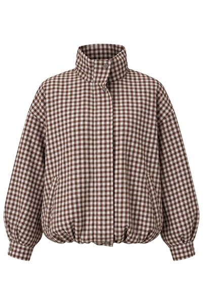 Laluvia Brown Checkered Chiffon Bomber Jacket - 70166