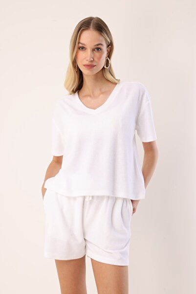 MİSSARWEN Bamboo Towel Textured V-Neck White Women's T-Shirt – Elowen