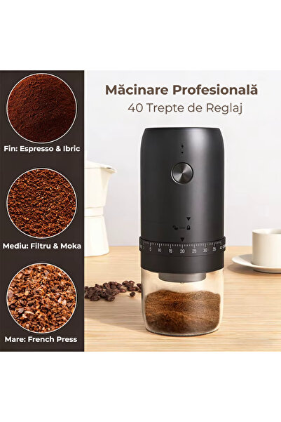 OEM Râșniță de cafea electrică, 40 trepte granulație, portabilă USB-C, detașabilă și lavabilă - Negru
