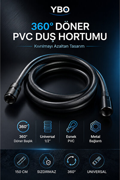 YBO 150 CM Siyah PVC Duş Hortumu 360° Döner Esnek Sızdırmaz Güçlendirilmiş PV...