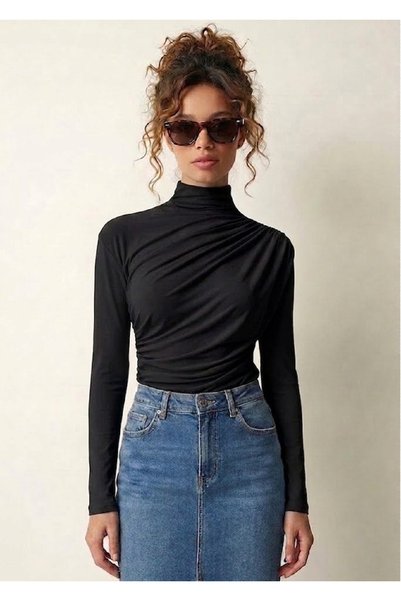 AÇELYA TEKSTİL Drawstring High Collar Body-Fitting Stretchy Knitted Luxury Women's T-Shirt