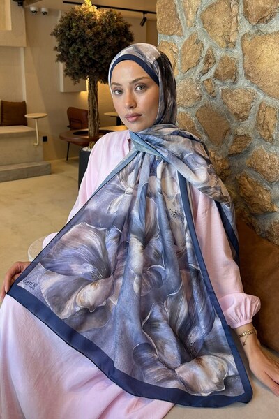 lamelif Floral Pattern Lara Soft Shawl Navy Blue