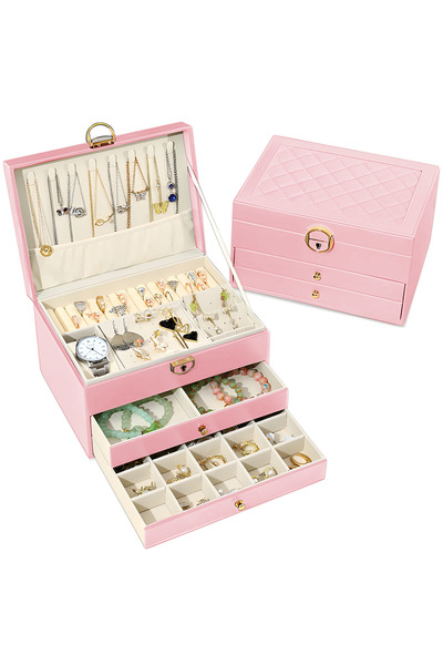 Teno Jewelry Box, 3 Compartments, Soft Lining, Pink, 23 x 17 x 13 cm