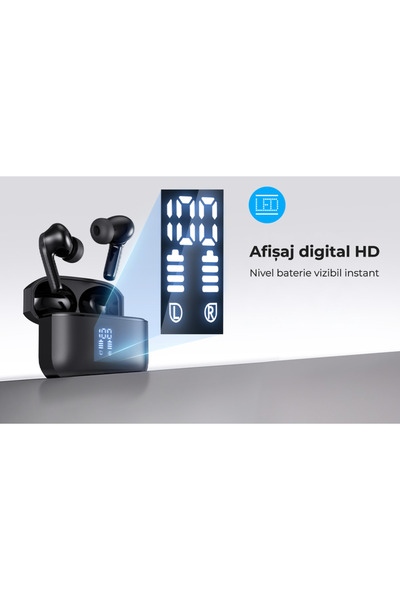 OEM Căști wireless In-Ear TWS, Bluetooth 5.3, afișaj digital HD, microfon cu reducere zgomot - Negru