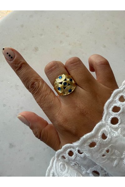 My Joyas Design 14K Altın Kaplama Üzeri Küçük Lacivert Taşlı Yüzük Gold