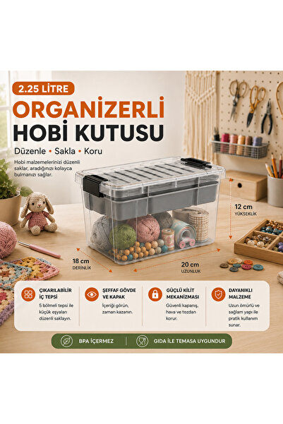 Homsen 2,25 Litre 5 Bölmeli Hobi Saklama Kutusu Çıkarılabilir Tepsili Şeffaf ...