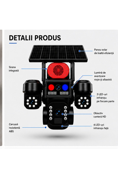 OEM Cameră Supraveghere Triplă WiFi 4K 9MP, Night Vision Color, PTZ, Sirenă, Audio Bidirecțional