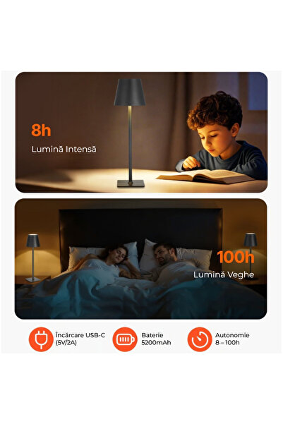 OEM Lampă de masă LED reîncărcabilă, touch, 3 temperaturi de culoare, reglabilă, USB, 38 cm - Alb