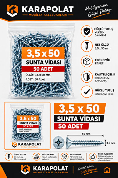 KARAPOLAT 3,5x50 mm Sunta Vidası 50 Adet Mobilya Ahşap MDF Sunta Vidası
