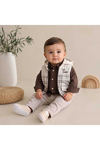 Hippıl Baby Kapüşonlu Ekose Yelekli Gömlek Pantolon Erkek Bebek 3 lü Takım 6-...