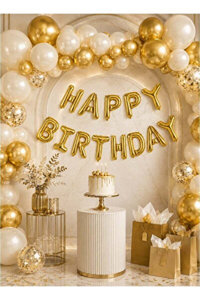 Party Time Happy Birthday Foil Balloon Banner Set 16 Inch Gold Letters Party ...