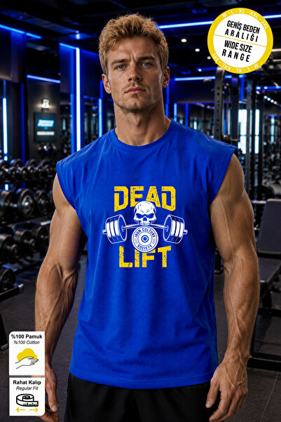 BESSA Tricou sportiv cu imprimeu Blue Dead Lift, cu gât rotund, din bumbac, j...