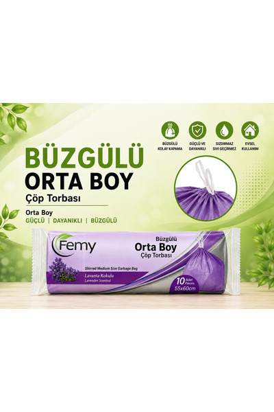 Femy Lavanta kokulu orta boy büzgülü çöp poşeti 10'lu rulo 5 paket