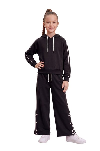 NEWKİDS Girl's Set Children's Long-Sleeved Hooded Outfit with Snap Fasteners and Detailed Trim, Perfect Fit.