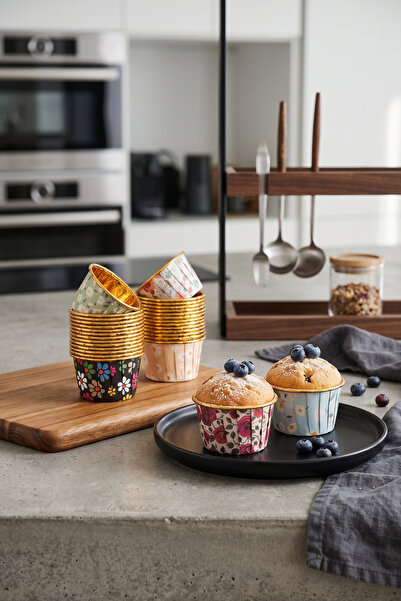 wise tree 12'li Çiçek Desenli İçi Gold Muffin Kalıbı Cupcake Kapsülü Kek Pişirme Kağıdı