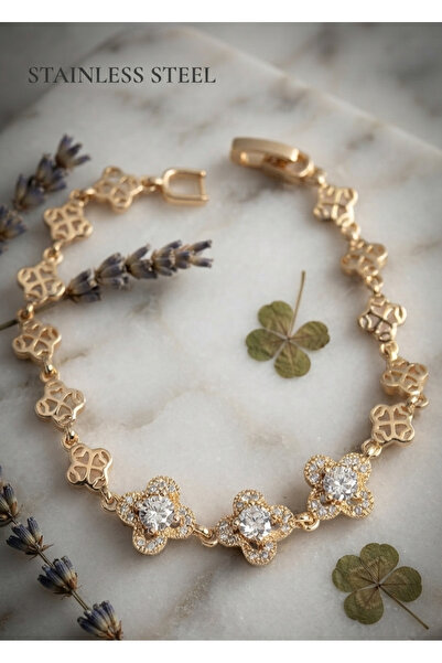 stainless steell Brass Gold Color Zircon Stone Clover Model Bracelet