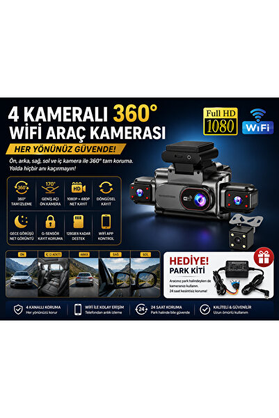 Qifit 4 kamera + 360° görüş + WiFi + gece görüşü + PARK KİTİ HEDİYE!