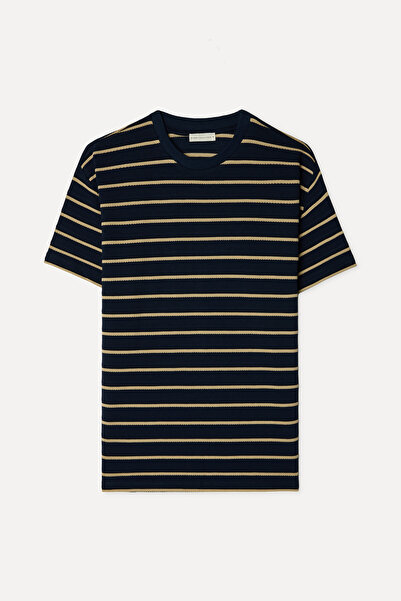 Mudo Men's Navy Blue Striped Comfort Fit Crew Neck T-Shirt