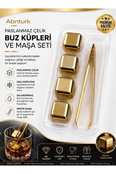 abnturk Paslanmaz Çelik Gold Buz Maşa Seti-4 Adet Buz Taşı ve Maşa Kutulu Şık...