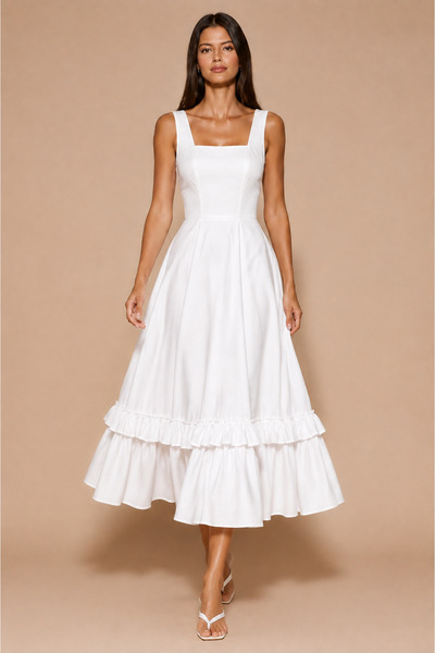LADYA COLLECTION White Square Neck Midi Dress with Ruffle Detail at the Hem
