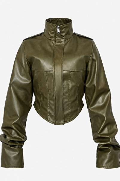 moda armanc Kadın Crop Deri Ceket - Siyah Yeni Sezon Korse Detaylı Haki Biker