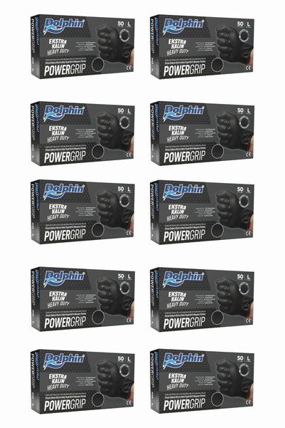 Dolphin PowerGrip Nitril Eldiven Ekstra Kalın Siyah L Beden 50 Adet x 10 Paket