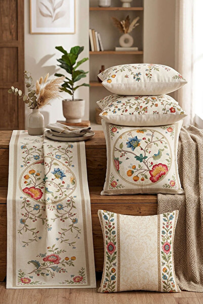 Cango Home Vintage Çiçek Motifli Desenli Dekoratif 4'lü Kırlent Kılıfı 1 Runner Seti 4kmbs343-RS