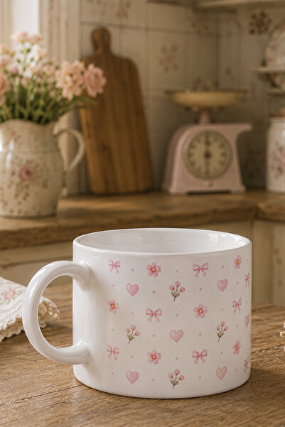 giftkonsept Pembe Fiyonk Kalp ve Çiçek Desenli Romantik Vintage Tasarım Beyaz...